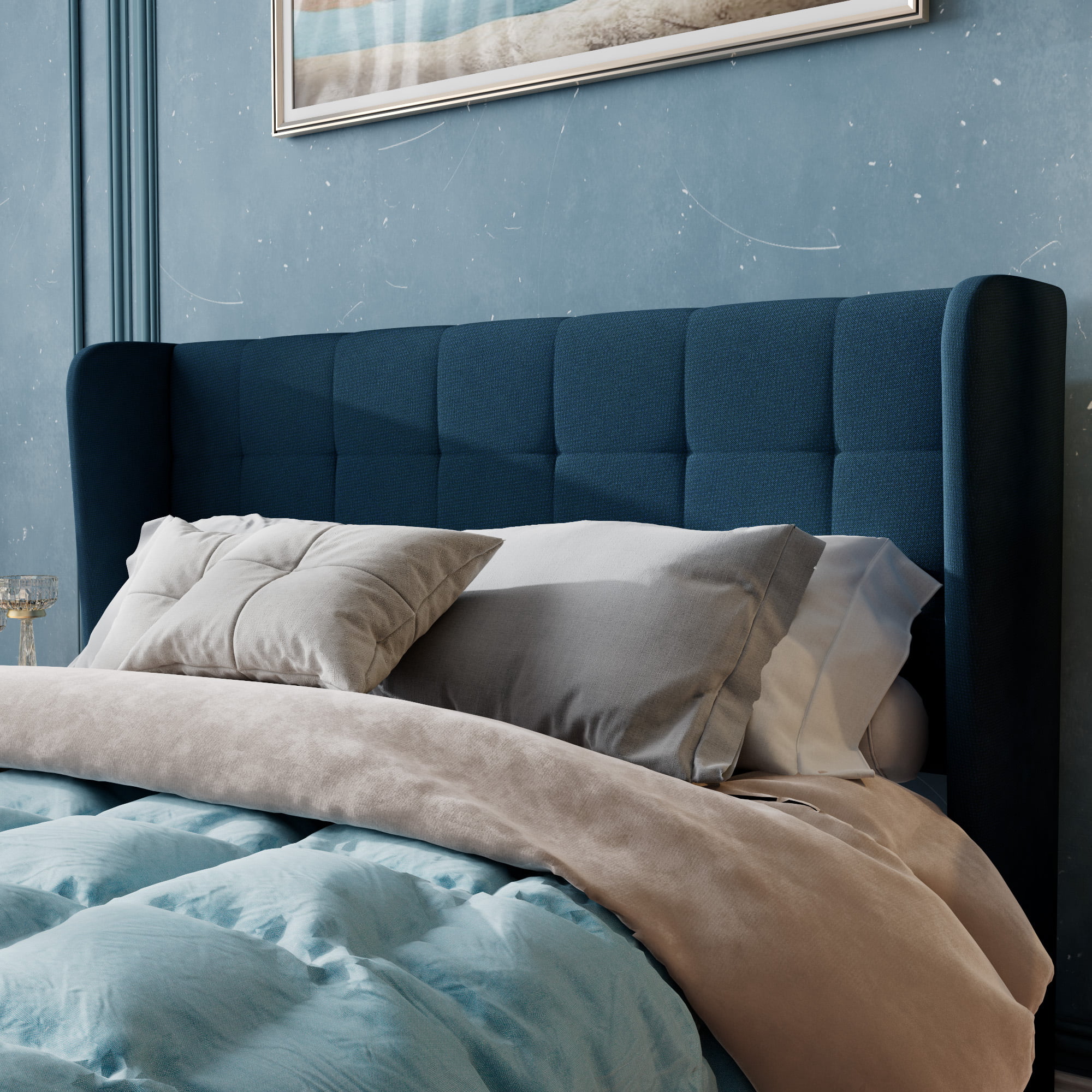 Sha Cerlin Queen Upholstered Wingback Platform Bed Frame with Headboard,  Mattress Foundation with Wood Slat Support, Dark Blue