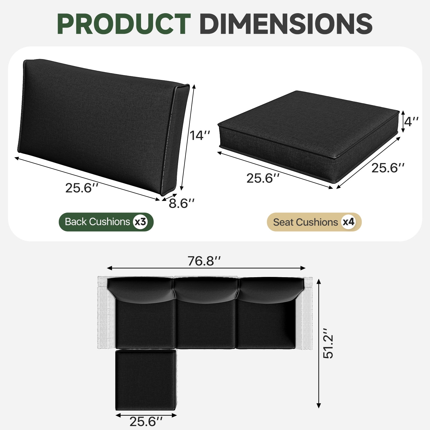 BaPiPro 4-Person Black Outdoor Sectional Sofa Cushions, Waterproof Polyester Patio Cushions with High-Density Sponge, No Assembly Required, for Backyard, Balcony, Deck, Poolside