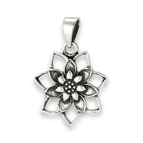 Floral Lotus Pendant .925 Sterling Silver Cutout Detailed Flower Oxidized Charm Jewelry Female