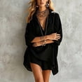 thumbnail image 2 of Morttic Women's Long Sleeve V-Neck Shirt & Wide Leg Shorts Set – Chest Pocket, Hem Slit, Solid Color Summer Two Piece Black，L, 2 of 3