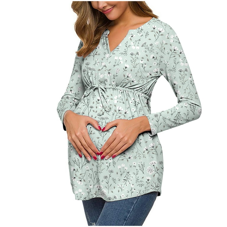 Hfyihgf Women's Maternity Tops Pregnancy Shirts Floral Print Casual Long  Sleeve Button-Up V Neck Tie Front Pregnant Tunic Blouse(Green,L)