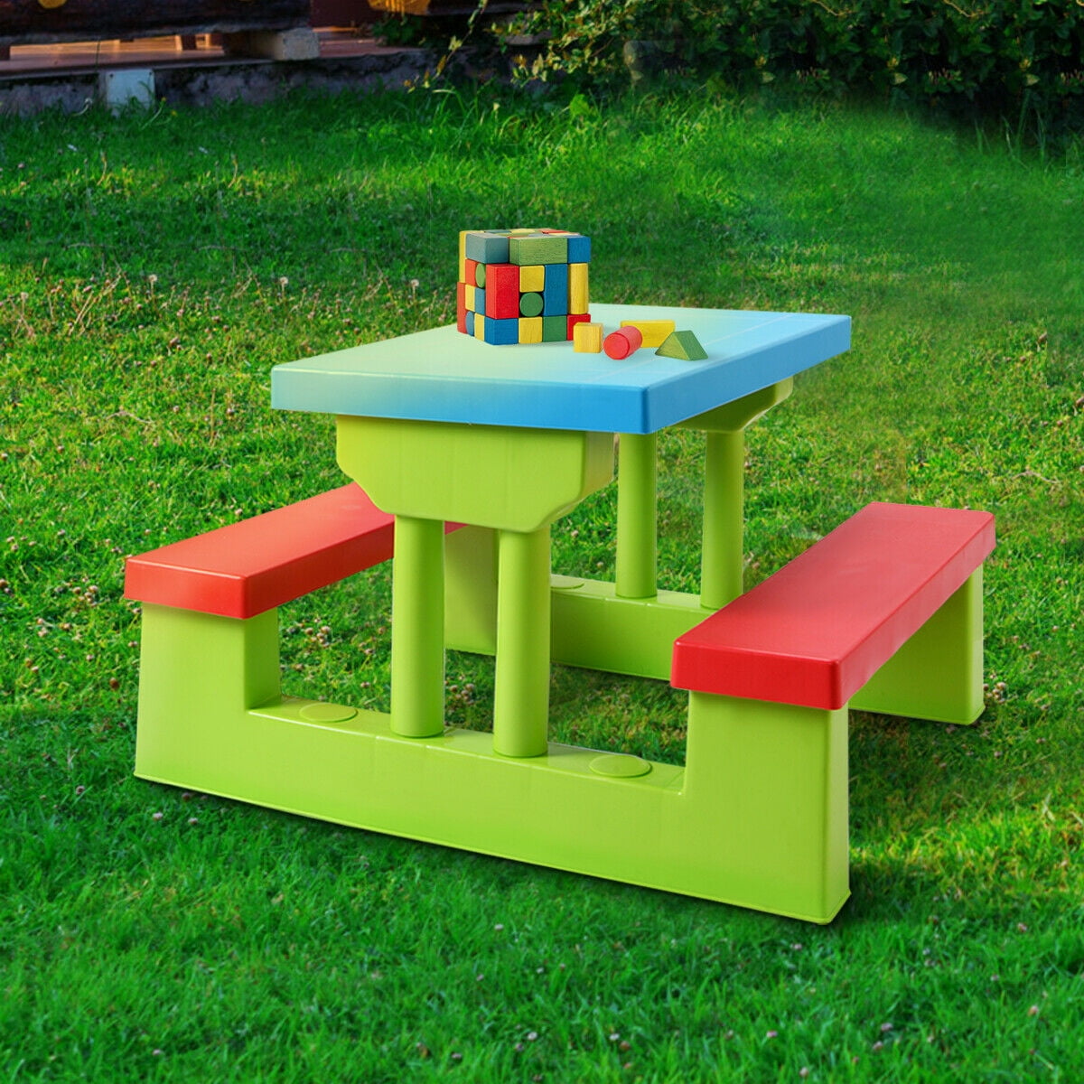 Made with Durable Wood Seats Up to 4 Children Costway 4 Seat Kids Picnic Table with Umbrella Garden Yard Folding Children Bench Outdoor 