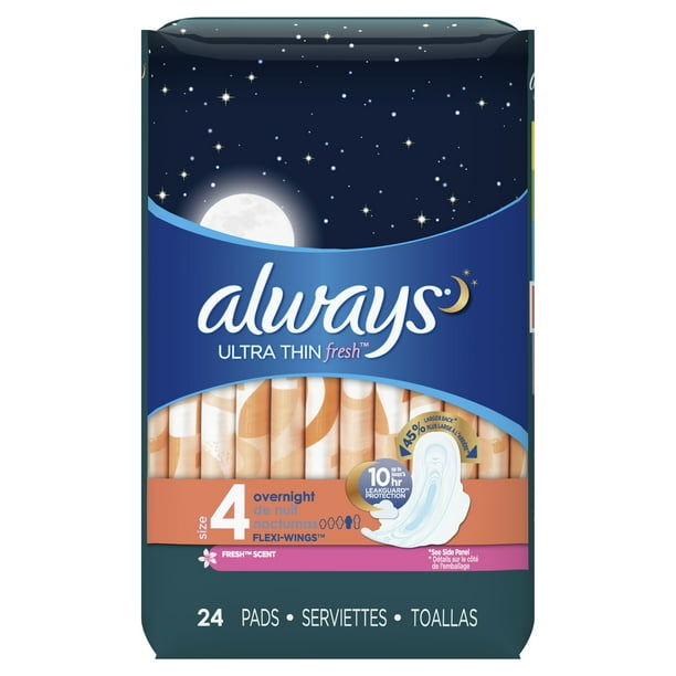 Always Ultra Thin Overnight Pads with Wings, Scented, Size 4, 24 Ct