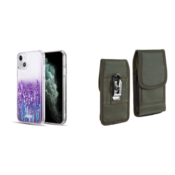 Liquid Glitter Case for iPhone 14 and Belt Holster Pouch (Lavender Purple/Green)