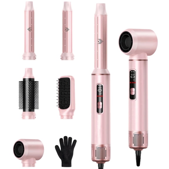 5 in 1 Hot Air Styler Hair Dryer Brush with Digital Display, Auto Wrap Curling Brush 3 Heat Ionic Hair Dryer Brush for Curling Straightening Volumizing, Styling Tool for Home Travel