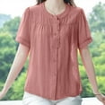thumbnail image 4 of Women's Linen Button down Shirts Summer Casual Crew Neck Short Sleeve Cotton Tops Retro Solid Color Blouses (4XL, Pink), 4 of 5