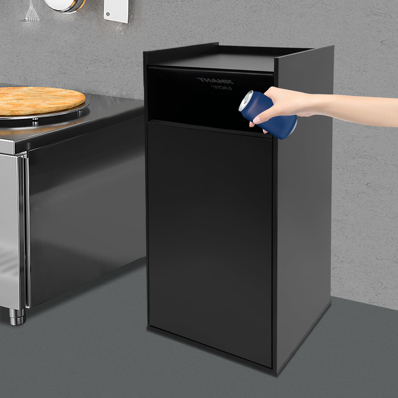 YIYIBYUS 30 Gallon Commercial Trash Can 110 Lbs Capacity, Modern Black Garbage Bin with Swing Door & Platform for Office, Food Court, Restaurant, Cafeteria