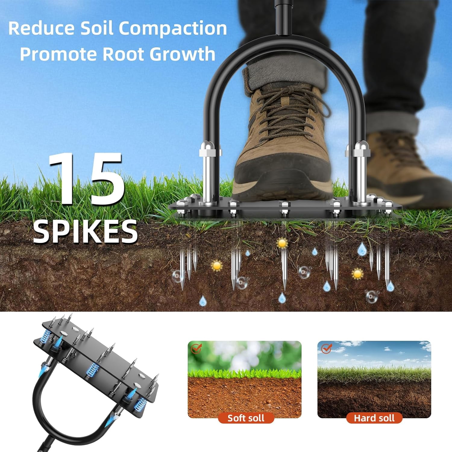 Manual Lawn Aerator Tool with 15 Spikes, 32"-35" Adjustable T-Handle Aerator for Lawn, Automatic Dirt Ejection Design, Heavy Duty Yard Grass Aerator for Soil Compaction，Black
