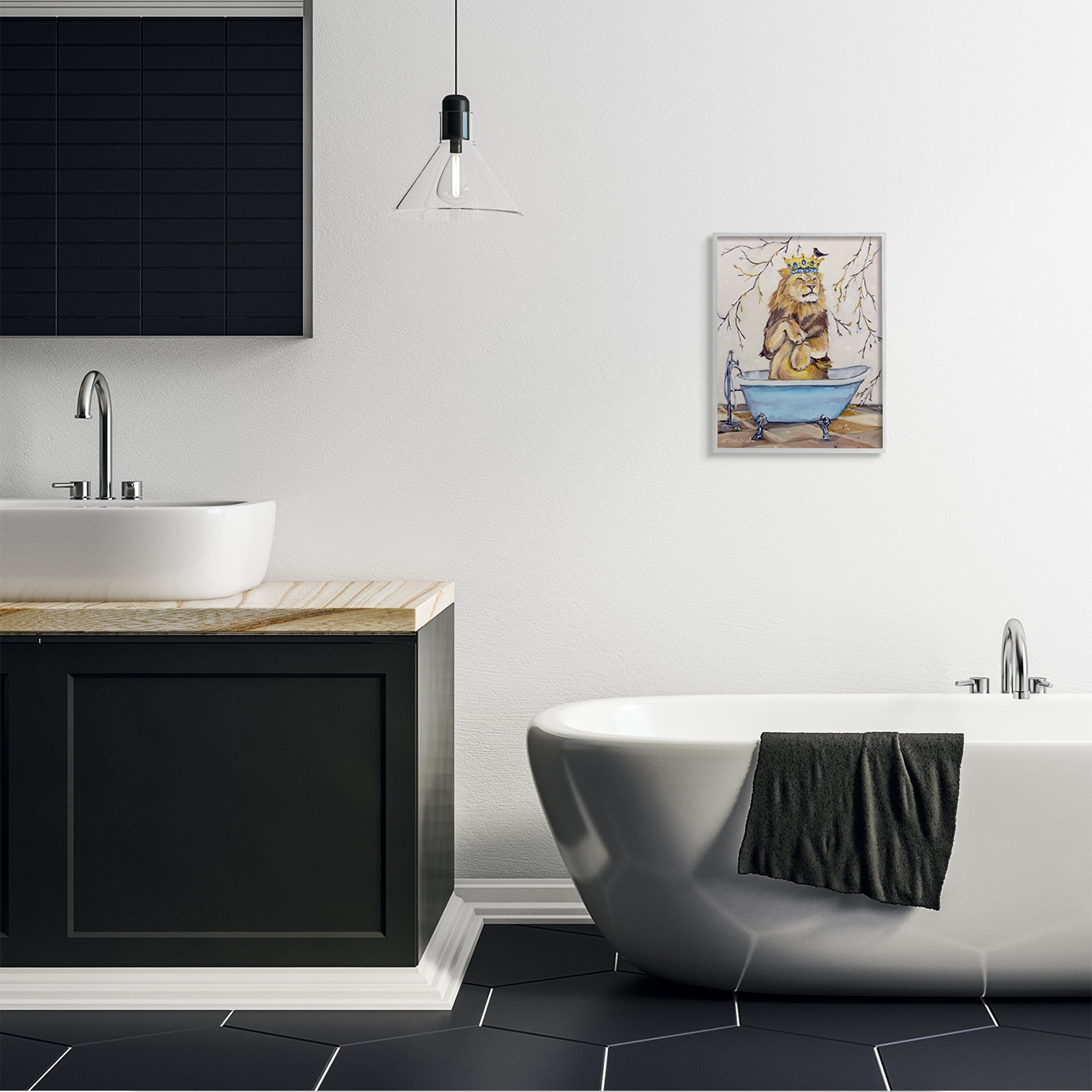 Stupell Industries Regal Jungle Lion in Blue Claw Bath Gray Framed by Karen Weber Fine Art