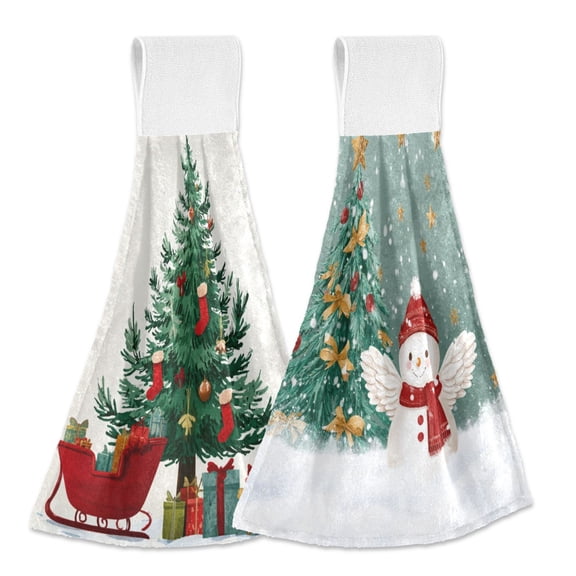 IAUYY Kitchen Hanging Towels Set of 2 100% Polyester Absorbent, Super Soft Hand Towels with Hanging Loops for Bathroom Kitchen A Red Sled A Green Christmas Tree