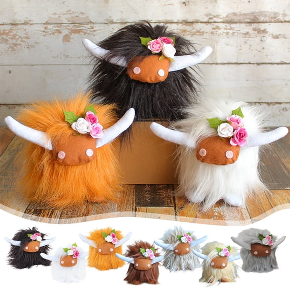 syligr 6 Inch Highland Cow Plush Toy, Soft Fluffy Stuffed Animal with Flower Headband, Cute Cow Doll, Mini Cow Plushie, Huggable Farm Animal Decor for Bedroom Shelf, Birthday Gift for Animal Lovers
