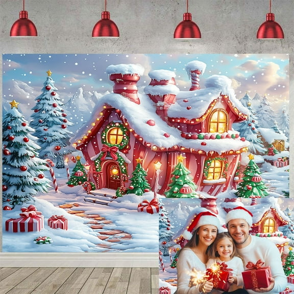 Christmas Candy House Backdrop, Winter Xmas Sweet Candy Cottage Photography Background Photo Backdrop, Winter Snow Kid Children Party Decorations Baby Shower Banner Photo Studio Props,7X5ft