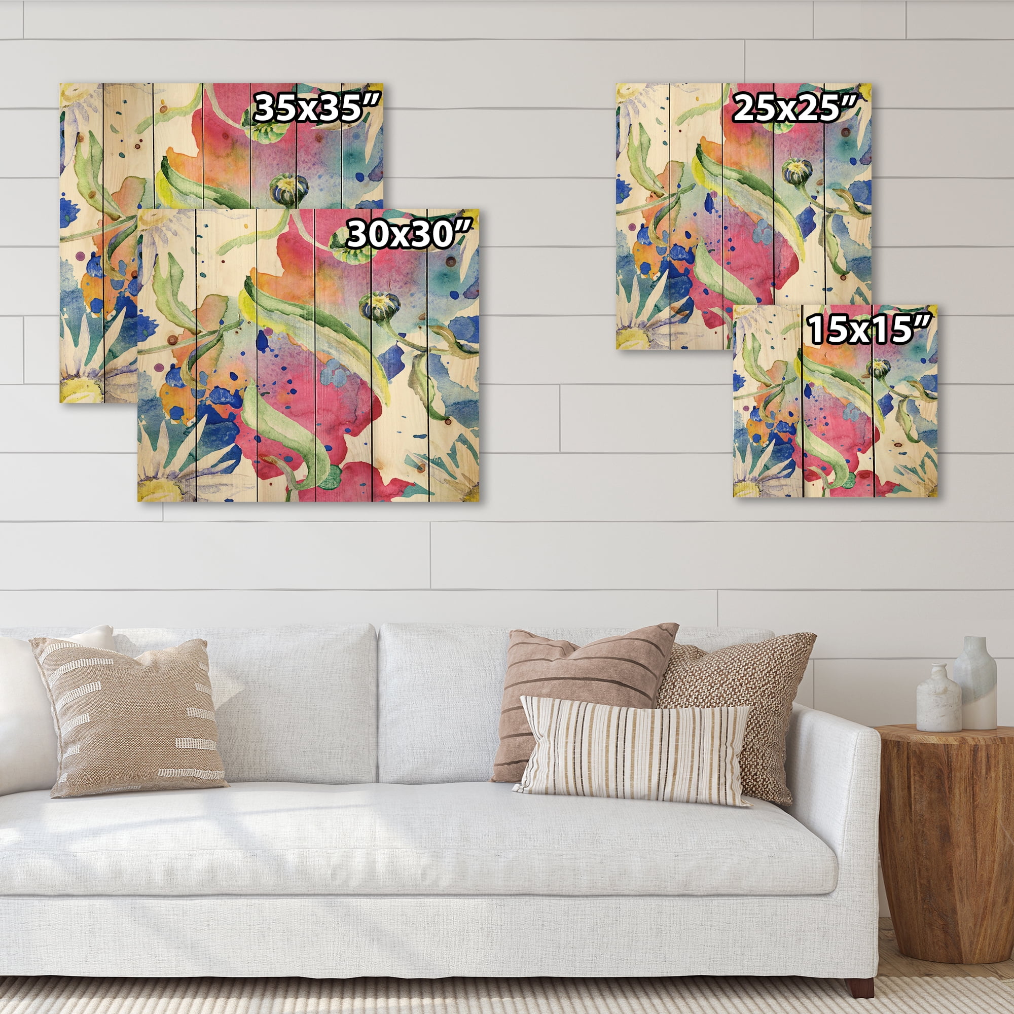 Designart 'Iridiscent Colorful Daisy Flowers' Transitional Print on Natural Pine Wood