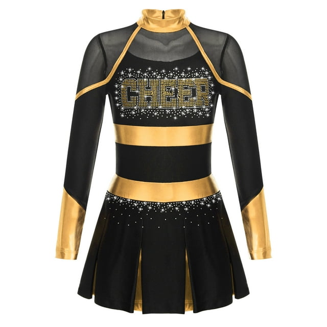 Jhaoyu Robe de Danse de Cheerleading Ballet pour Filles Uniforme Scolaire Manches Longues Robe Plissée Tenues d'Halloween Noir&Or 8