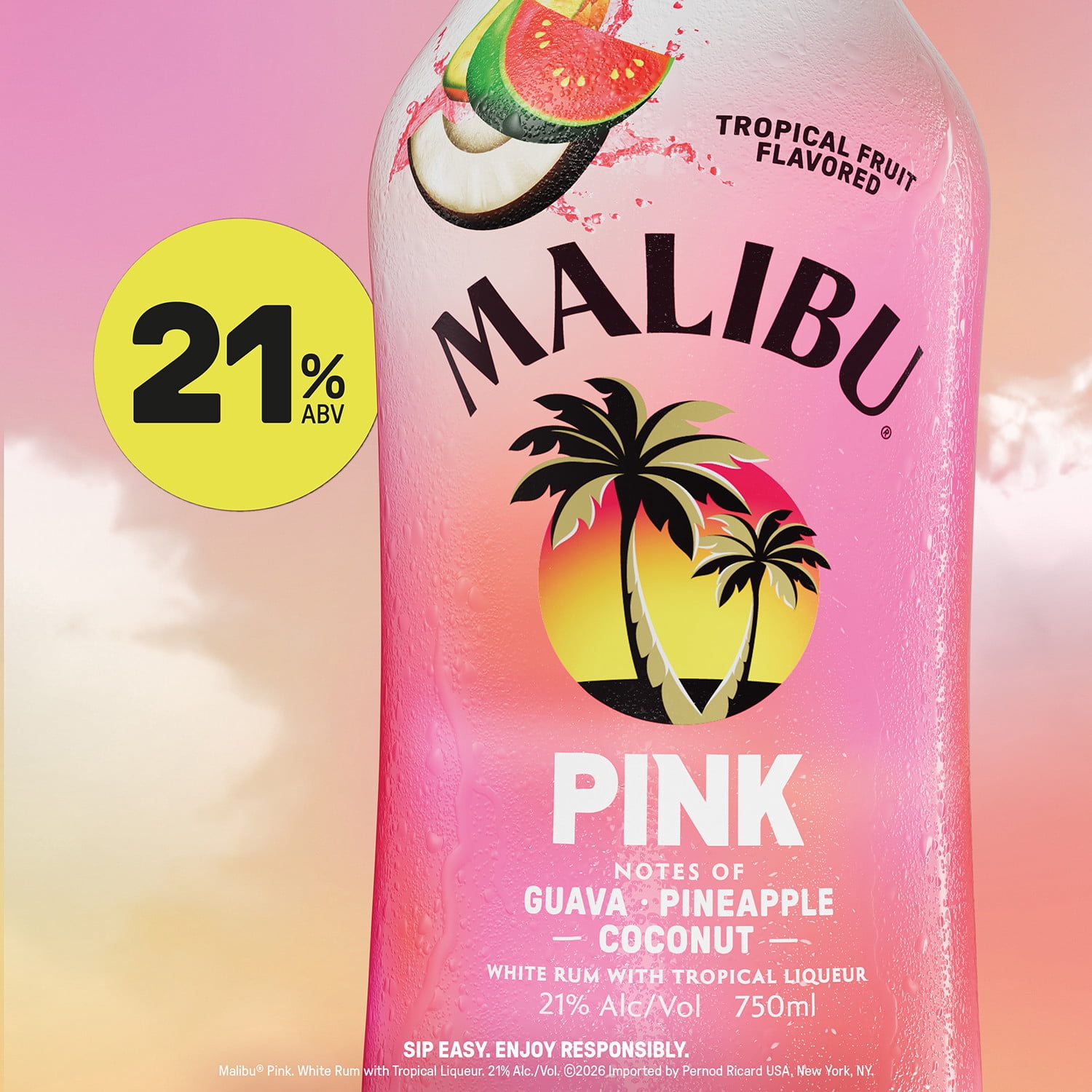Malibu Pink White Rum with Tropical Liqueur, 750 ml Bottle, 42 Proof
