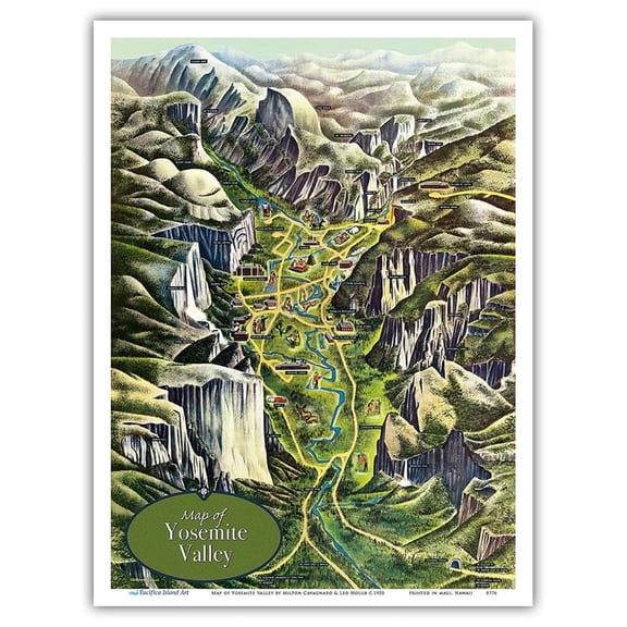 Map of Yosemite Valley - National Park - Vintage Pictorial Map by Milton Cavagnaro & Leo Holub c.1955 - Master Art Print (Unframed) 9in x 12in