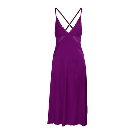 Women Lingerie Lace Chemise Nightgown Satin V Neck Nightwear Silk Full Slip Lounge Dress