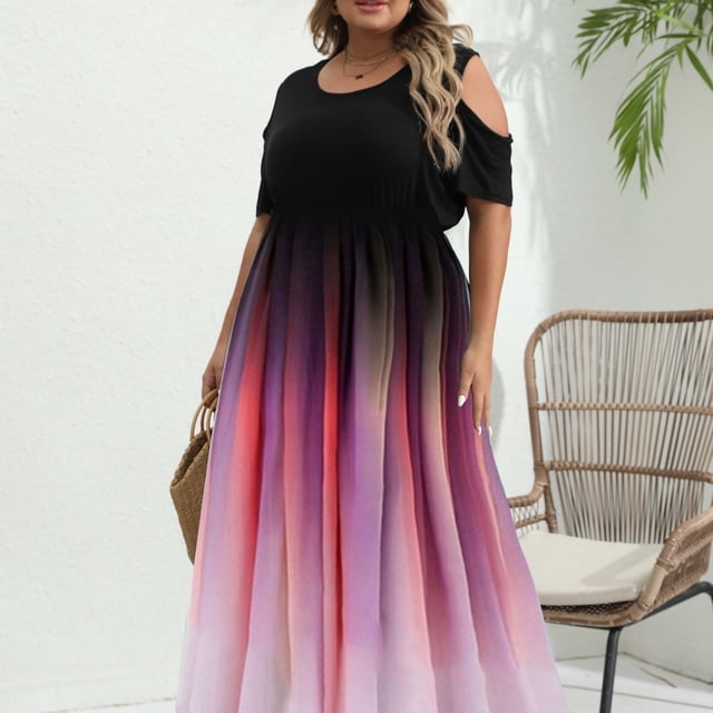 Vestido largo con hombros descubiertos y estampado degradado de talla grande, vestido de fiesta largo de manga corta elegante con estiramiento ligero para mujer