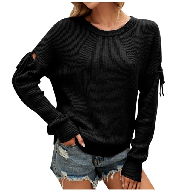 Suéter de punto de manga larga con cuello redondo y mangas con cordones de color liso para mujer Fridja bvmnju1197