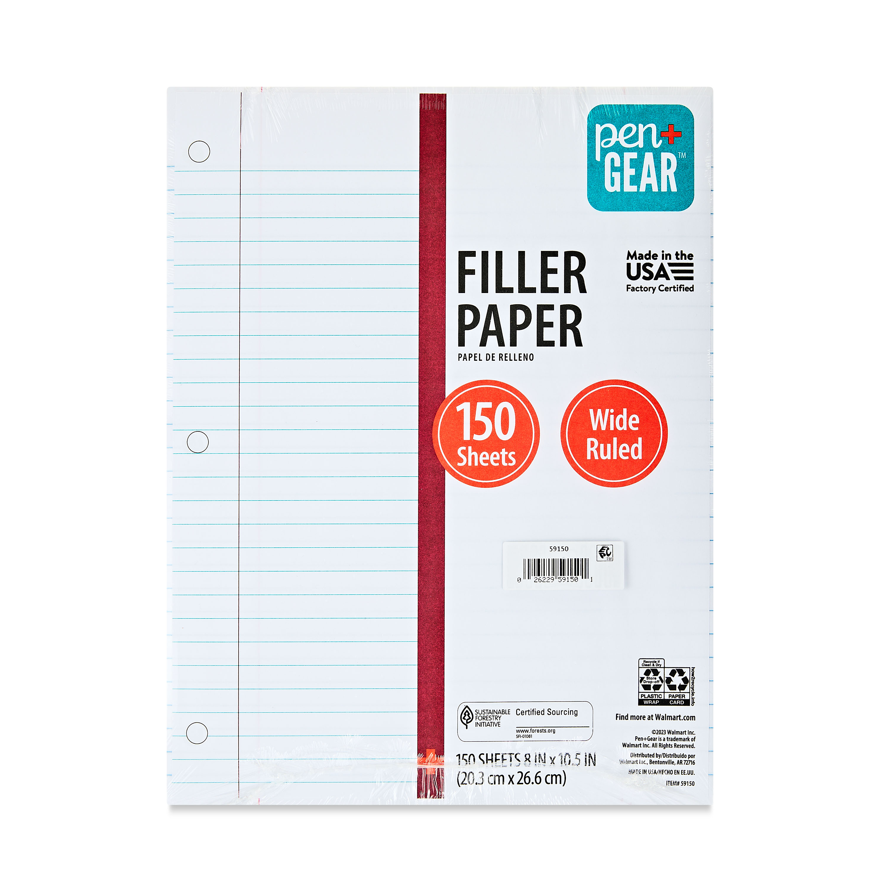 Pen+Gear 150 Sheets Wide Ruled Filler Paper, 10.5" x 8"