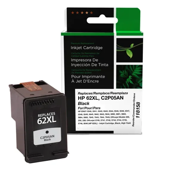 Remanufactured Clover Imaging High Yield Black Ink Cartridge compatible with HP 62XL (C2P05AN)
