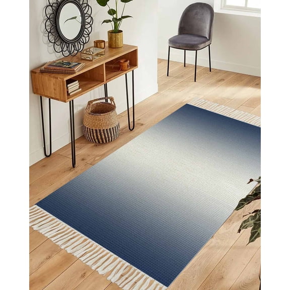 Navy Blue Ombre Area Rug 3x5ft Woven Runner Rug,Blue White Gradient Modern Abstract Art Washable Living Room Hallway Bedroom Kitchen Carpet with Tassels,Indoor Outdoor Throw Door Mat for Entryway