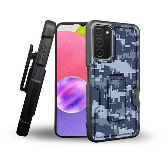 ANJ  Rugged Shockproof Holster Case Card Slot Kickstand   Tempered Glass Cover for Samsung Galaxy A03s - Blue Digital Camo