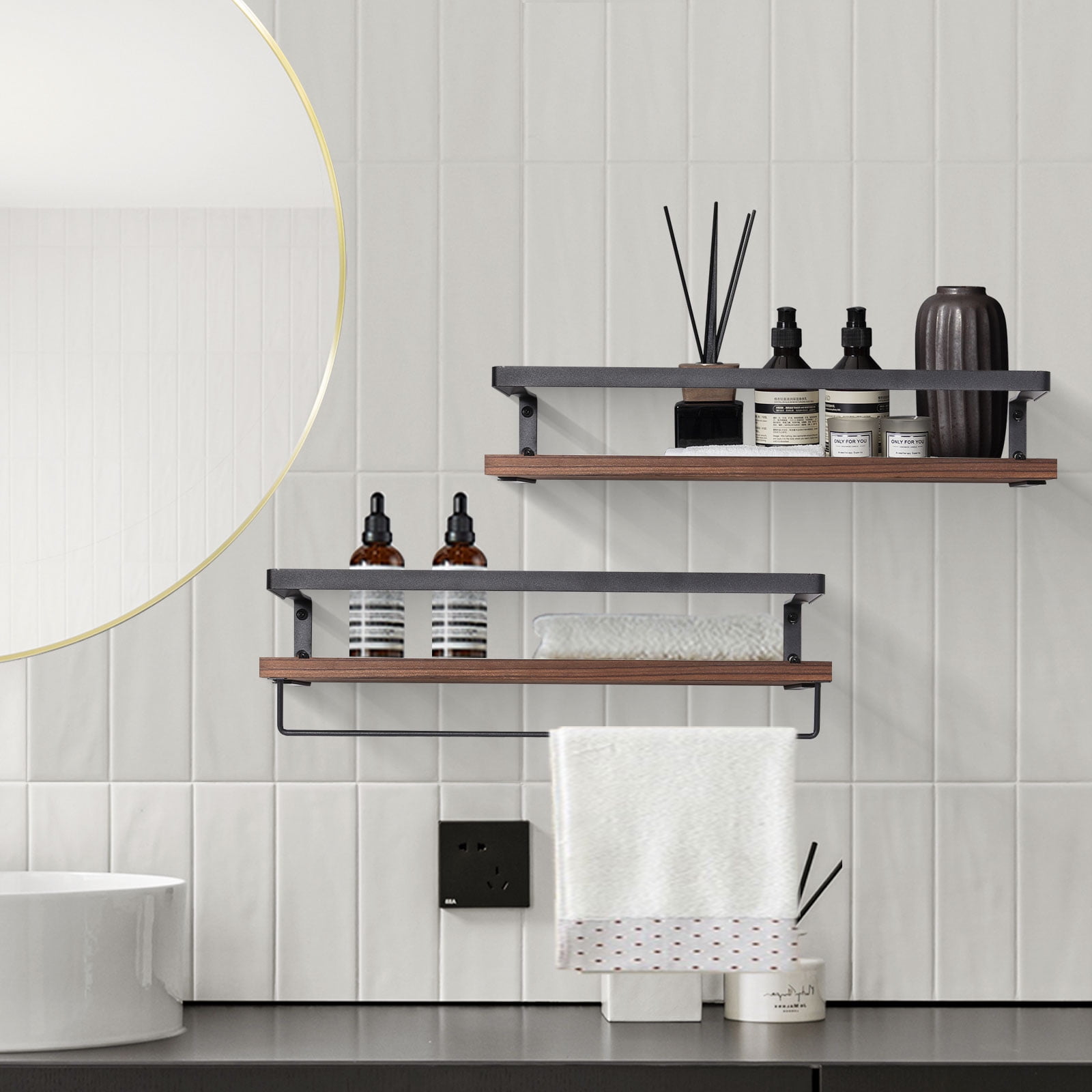 Uten Wall Mounted Floating Shelves Set of 2, Solid Wood Storage Shelves on Metal Frame and Towel Bar for Bathroom, Kitchen, Bedroom, Decorative & Space Saving