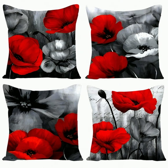 Ensemble de Taies d'Oreiller Florales Rouges - 18x18 Housses de Coussin Décoratives pour Canapé, Sofa, Salon, Chambre, Voiture - Fleurs Noires Coussins Carrés en Lin pour Extérieur