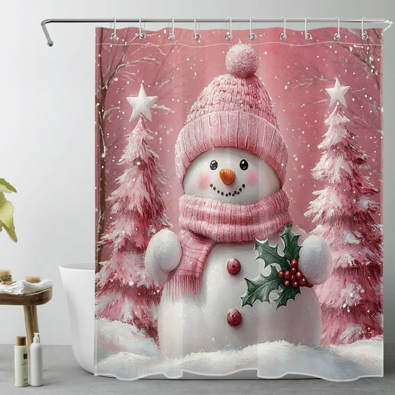 Christmas Snowman Shower Curtain for Bathroom Pink Snowman and Christmas Tree on Snow Bathroom Shower Curtain Winter Snowflake Shower Curtain Bath Accessories Home Decor with 10 Hooks 60x72 Inches