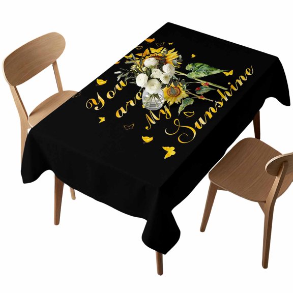 Waterproof Tablecloth My Sunshine Yellow Sunflower and Butterfly Rectangle Table Cloth 52x70in,Washable Table Cover Floral on Black Tablecloths for Dining Tables Kitchen Picnic Camping Outdoor Party