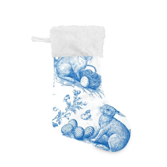 Blue Ink Rabbits Eggs Flowers Easter Christmas Stockings Large Capacity 18 inch Gift Bag with Hook Xmas Holiday Decor 1 Pack