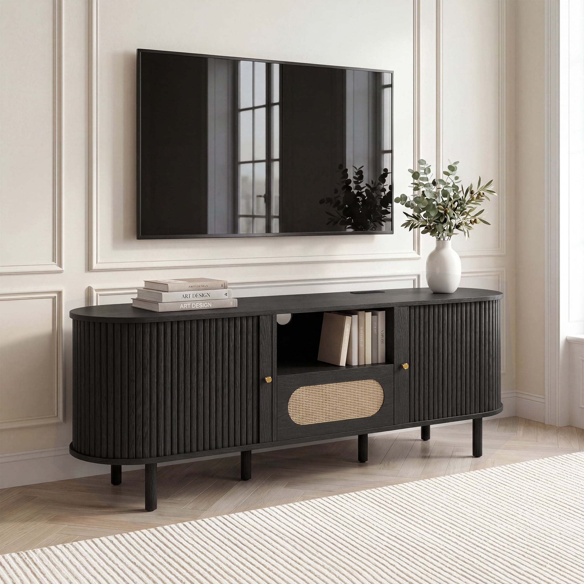 Spruce & Spring Tambour TV Stand with Power Outlet, Mid-Century Modern Entertainment Center, Rattan Drawer & Fluted Sliding Doors, Solid Wood Legs & Cable Management, for TVs up to 70 Inch
