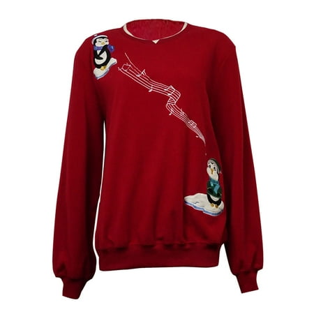 Collie Embroidered Fleece - Alfred Dunner Women's Embroidered Singing Penguins Fleece Sweater