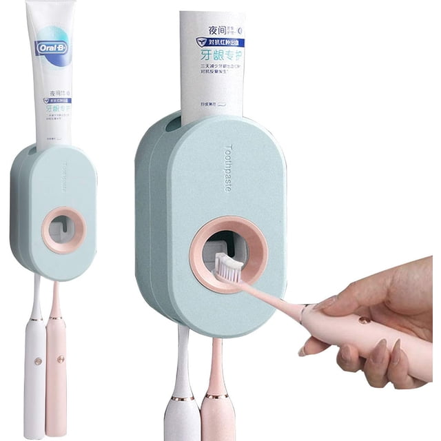 Dispensador de pasta de dientes 2 en 1 para montaje en pared, exprimidor de pasta de dientes manos libres para niños, soporte para cepillo de dientes eléctrico para baño