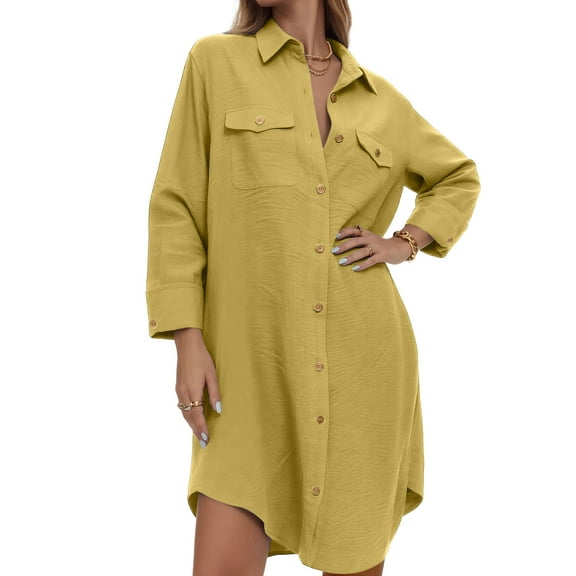 CQONEPT Long Sleeve Shirts for Women Lapel Neck Classic fit Tunic Tops Button Down Casual Blouse with Pockets Yellow M