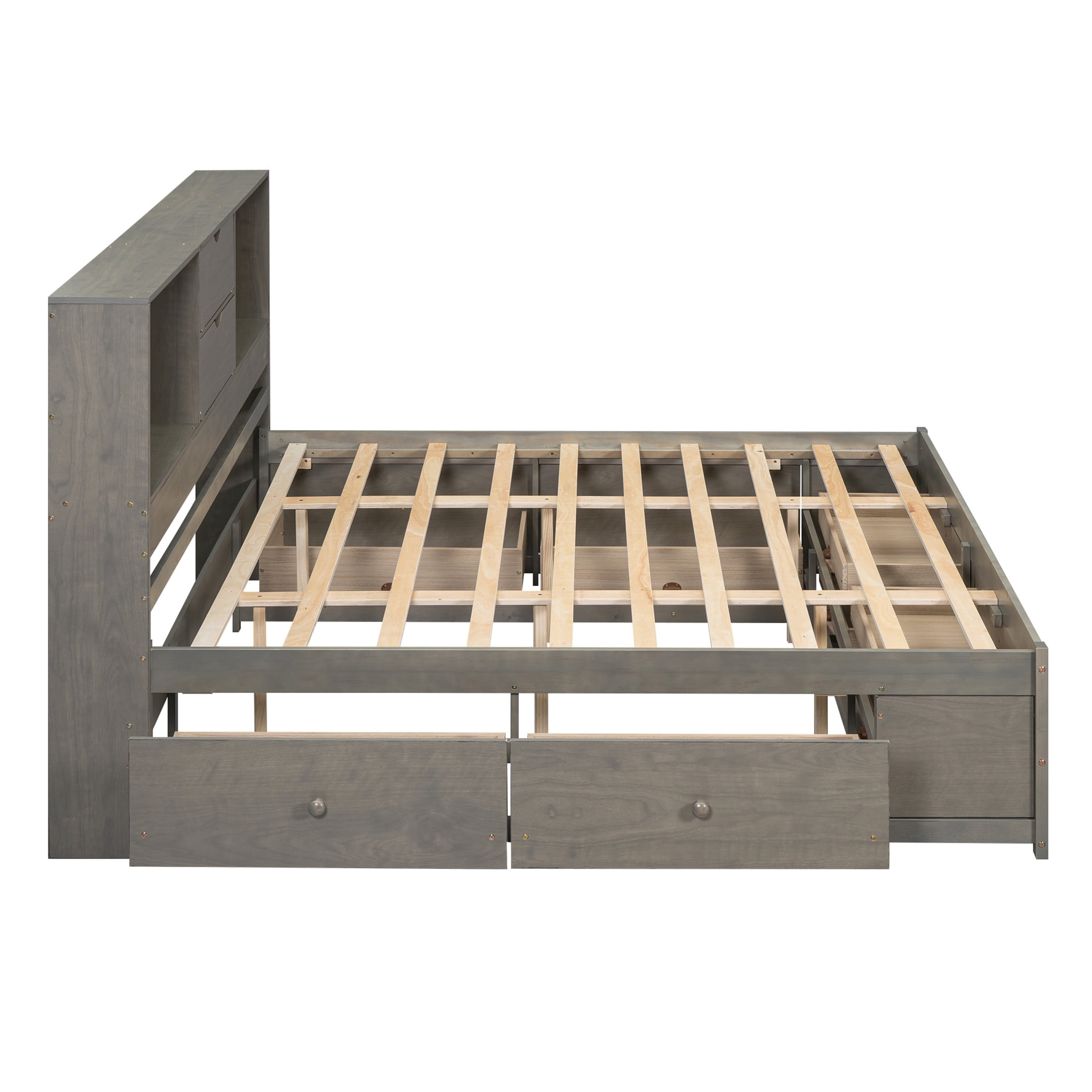Noble House Solridge King Size Platform Bed with Bookcase Headboard and Storage Drawers, Solid Wood Frame, Gray