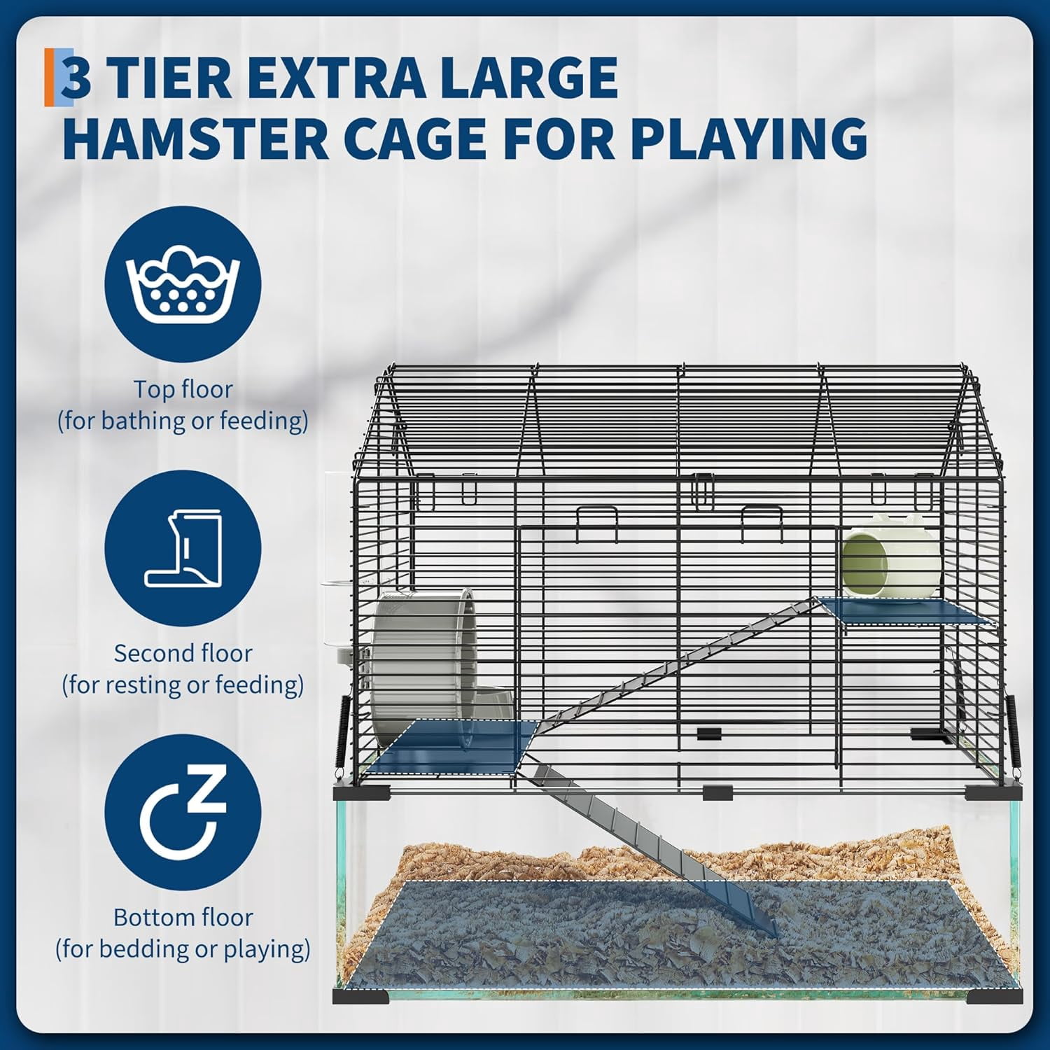 3-Tier Large Hamster Cage with 6mm Tempered Glass Base, Silent Running Wheel, Water Bottle & Food Bowl, Spacious Multi-Level Habitat for Syrian & Dwarf Hamsters, Gerbils, Mice, and Small Pets (22.