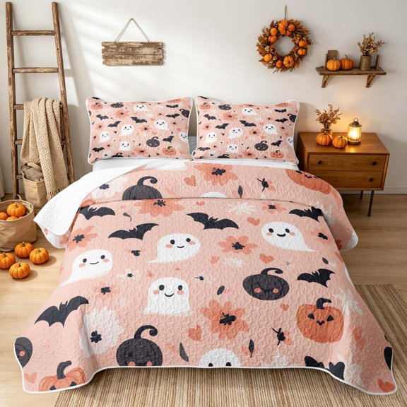 Erosebridal Cute Ghost Twin Quilt Set, Halloween Bat Twin Coverlet Set for Boys Girls, Peach Black, 2 Pieces 1 Bedspread and 1 Pillowcase