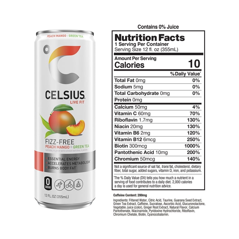 Celsius Fizz Free Peach Mango Green Tea, 12 fl oz, 12 Pack photo 2