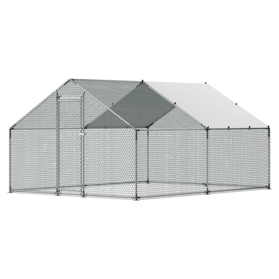 KFFKFF Spacious Metal Chicken Coop, 9.8 x 13.1 x 6.6 ft, Walk-in Poultry Enclosure with Weatherproof Cover, Sloped Roof Design for Secure Housing, Outdoor Cage for Chickens, Ducks, Rabbits