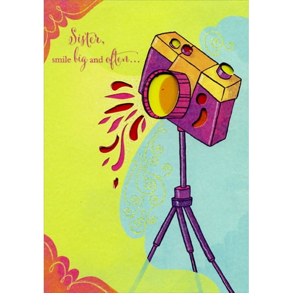 Designer Greetings Smile Big and Often Camera with Die Cut Window Birthday Card for Sister