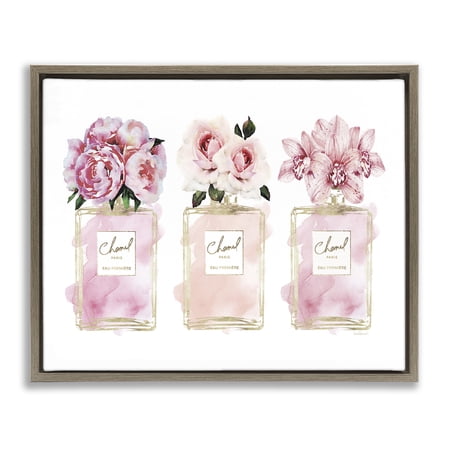 Stupell Industries Pink Flowers & Perfumes Glam Fashion Beauty & Fashion Painting Brown Floater Framed Canvas Art Print Wall Art  21 x 17