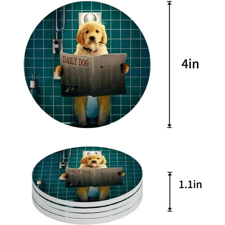 

FMSHPON Golden Retriever Dog Sit on The Toilet Set of 4 Round Coaster for Drinks Absorbent Ceramic Stone Coasters Cup Mat with Cork Base for Home Kitchen Room Coffee Table Bar Decor