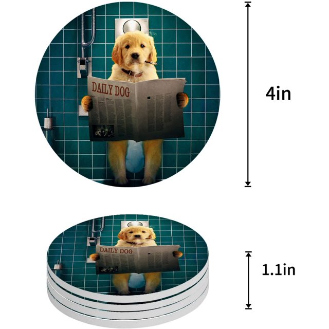 RYLABLUE Golden Retriever Chien Assis sur les Toilettes Ensemble de 4 sous-Verres Ronds pour Boissons, sous-Verres en Céramique Absorbants avec Base en Liège pour Décoration de Table Basse de Cuisine Maison Bar