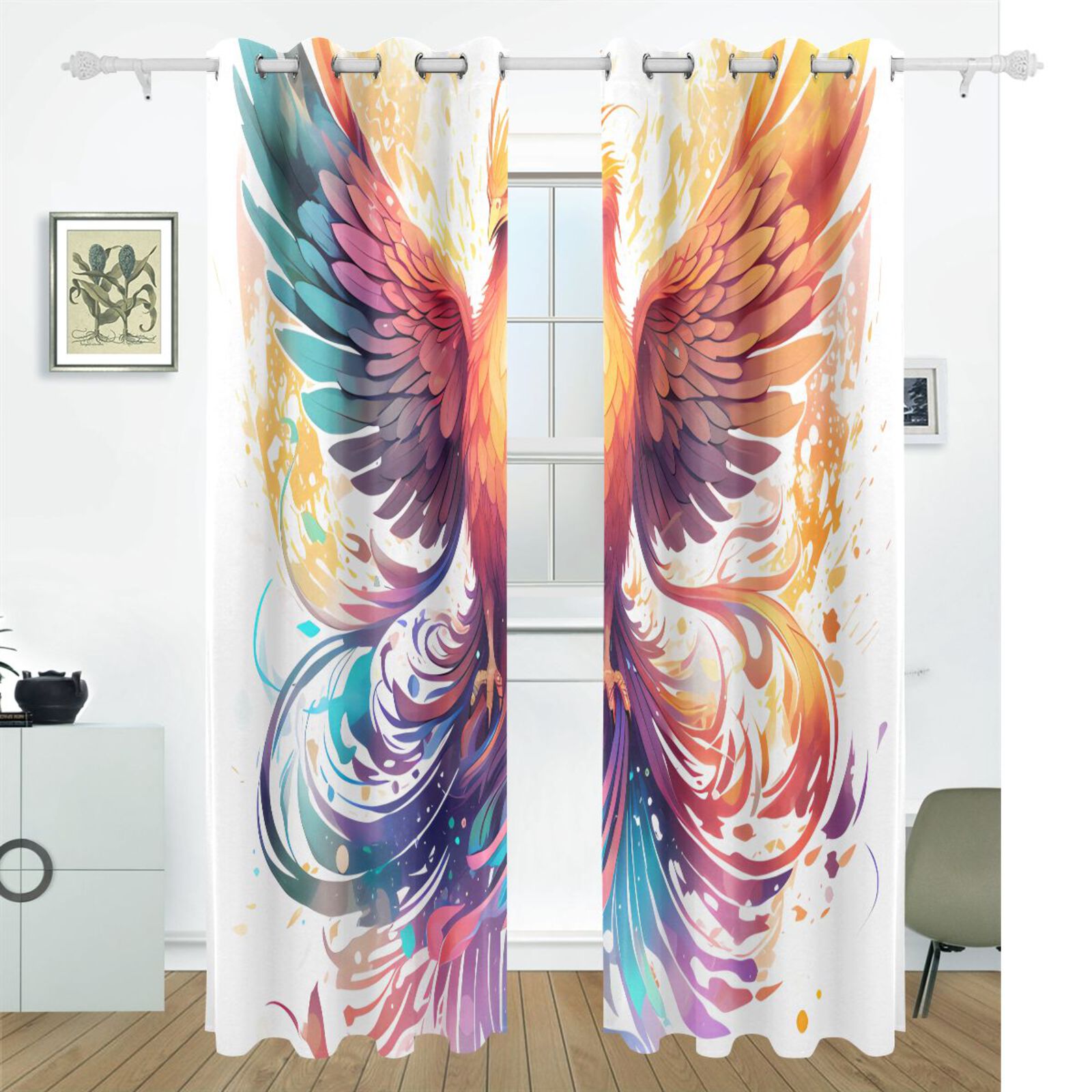 Bird Wings Phoenix Colorful Black Out Curtains 72 Inch Length Curtains for Sliding Glass Doors Bedroom Living Room 2 Pack