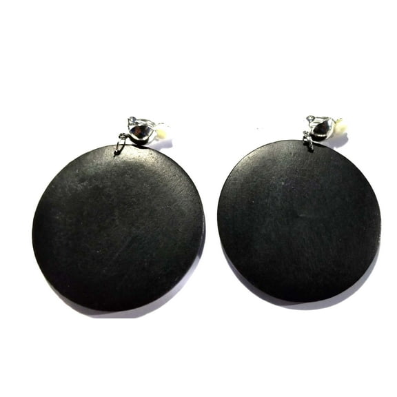 Clip-on Hoop Earrings Wood Black Hoop Earrings 2.5 inch Hoop Silver Tone Clip