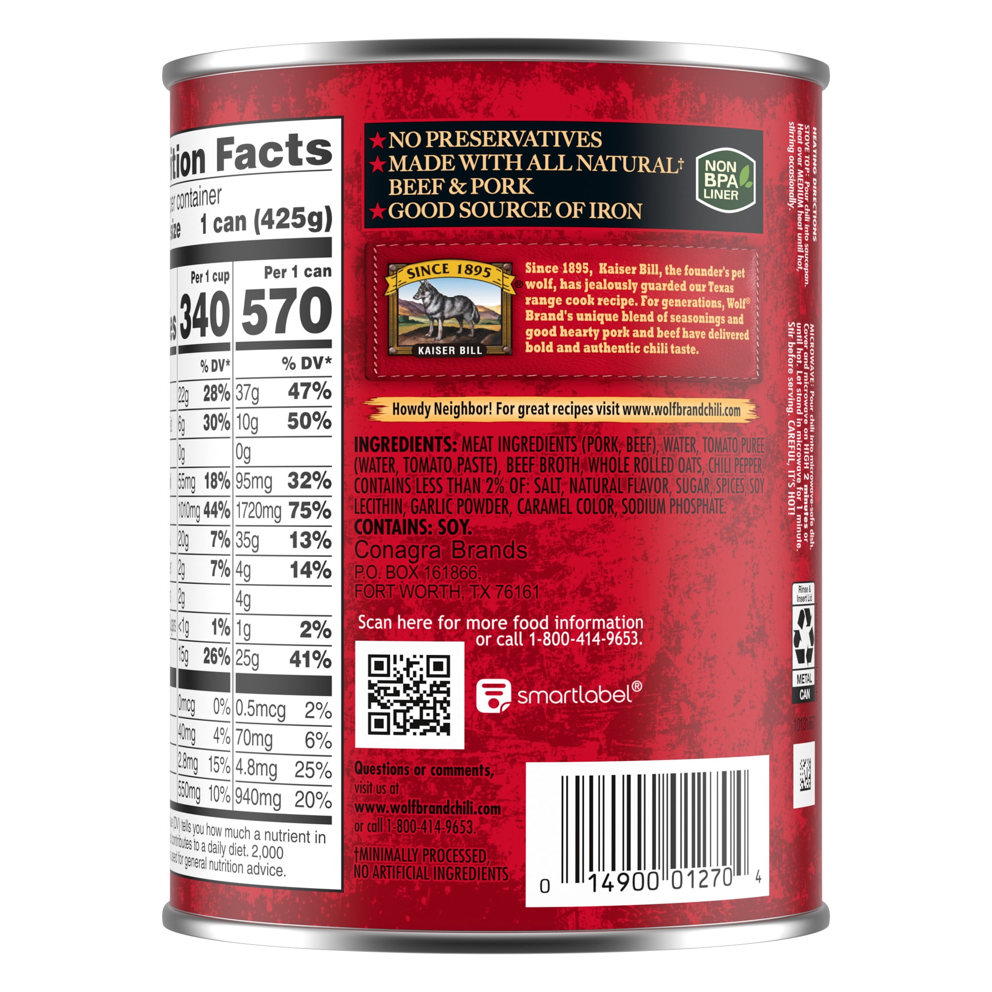 Wolf Brand Chili No Beans, Chili Without Beans, 25g Protein Per Serving, 15 oz. Can