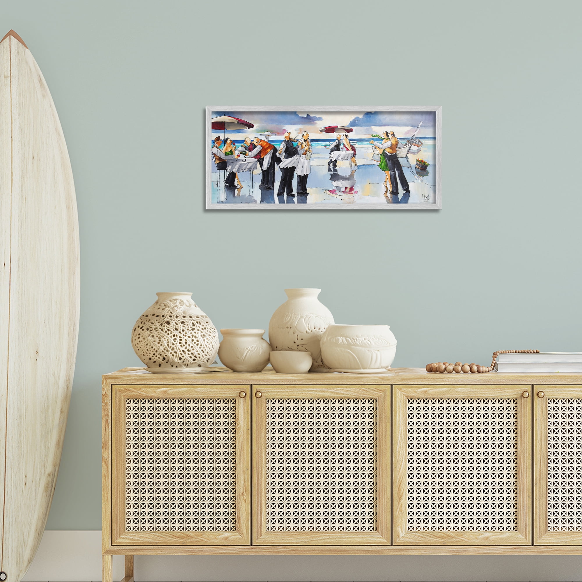 Stupell Industries Fancy Dinner on Beach Novelty Painting Gray Framed Art Print Wall Art, 30 x 13