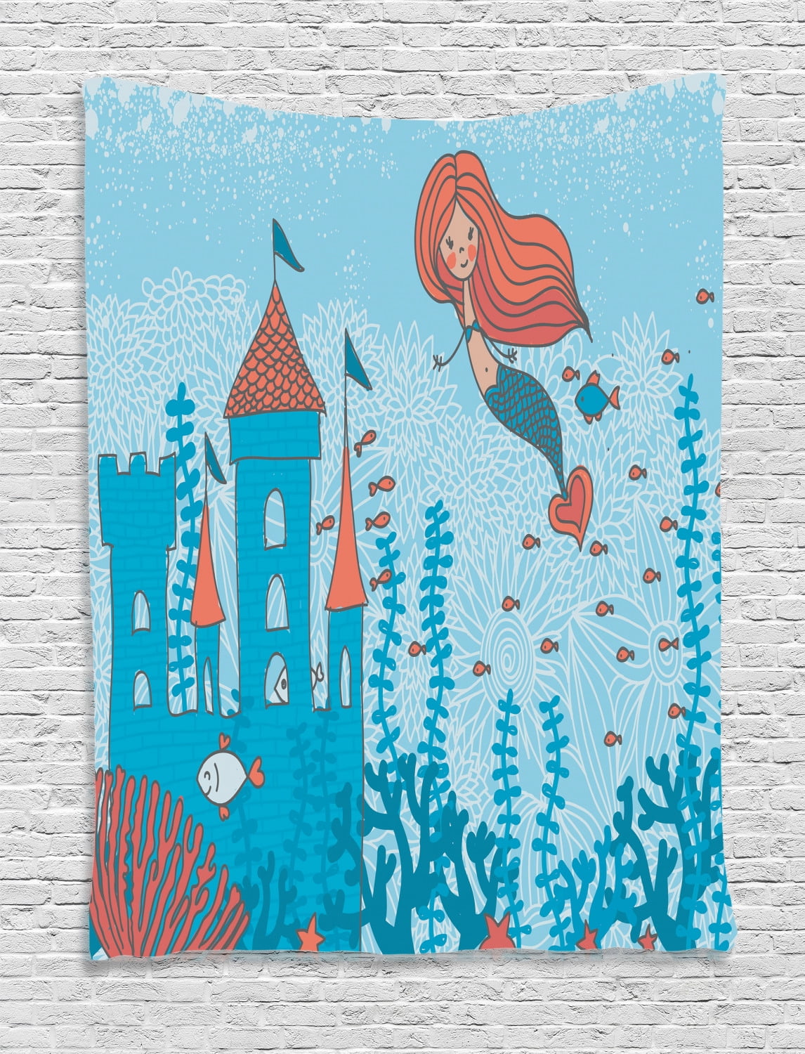 Kids Wall Hanging Tapestry Illustration Art Of Little Mermaid Under The Sea In Corals With Castle And Little Fish Bedroom Living Room Dorm Decor